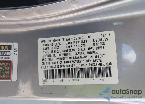 2016 Honda Accord Ex-L from USA, damaged, VIN 1HGCT1B84GA004457